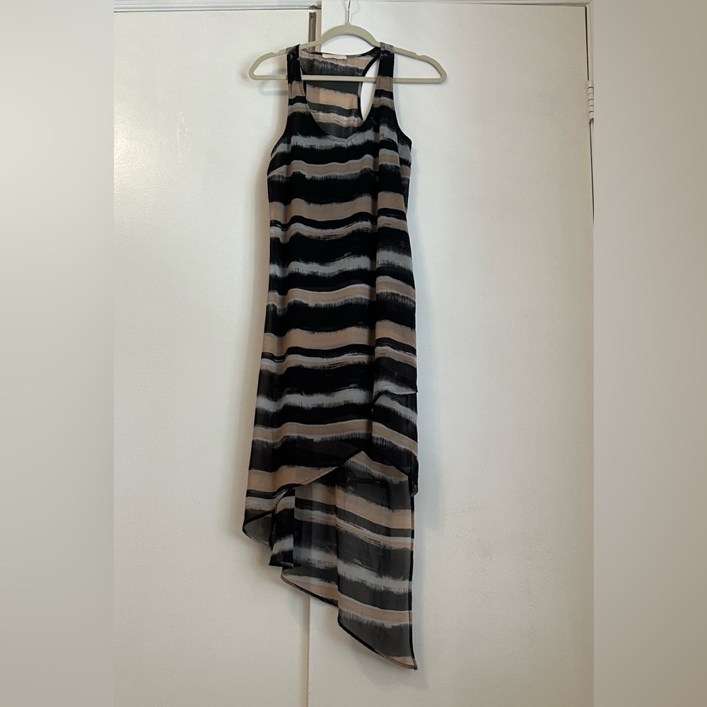 Striped High-Low Tank Coverup Beach Dress in Black and Cream